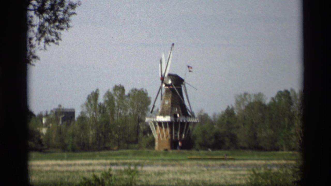 Dutch-style windmill in a green field with trees and sky.