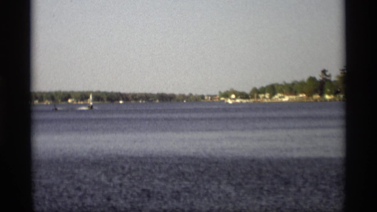 Distant sailboats on blue water with a tree-lined shore and houses beyond.