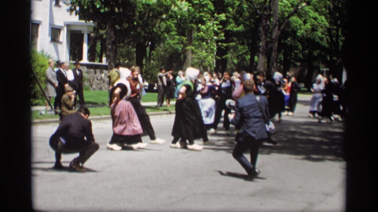 Costumed dancers and spectators gathered on a sunny street.