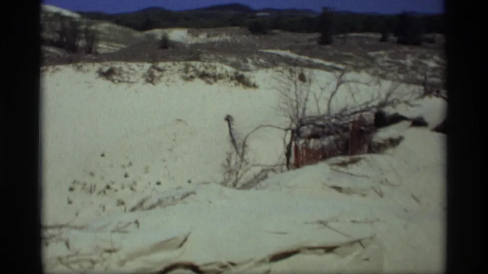 1969 home-movie view of Holland, Michigan dunes with scrub vegetation and a small wooden structure beside the trail area.