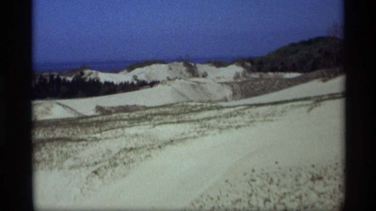 Wide dune landscape with scrub grass, tree line, blue sky, and distant water.