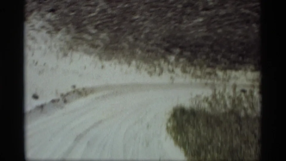 Soft 1969 8mm frame showing a dirt road edge, brush, and dry grass during a rural car ride near Holland, Michigan.