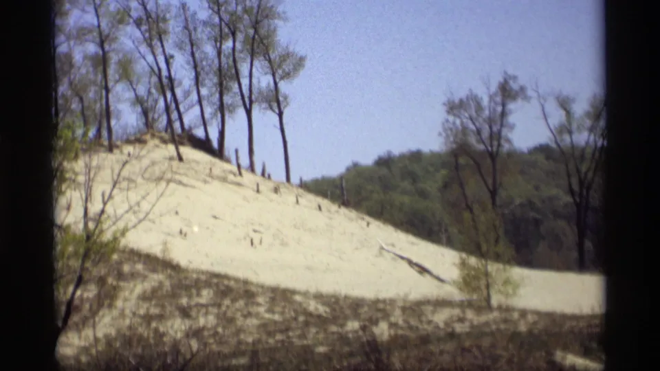 1969 Holland, Michigan 8mm frame showing a pale sand dune with scattered trees and scrub vegetation nearby.
