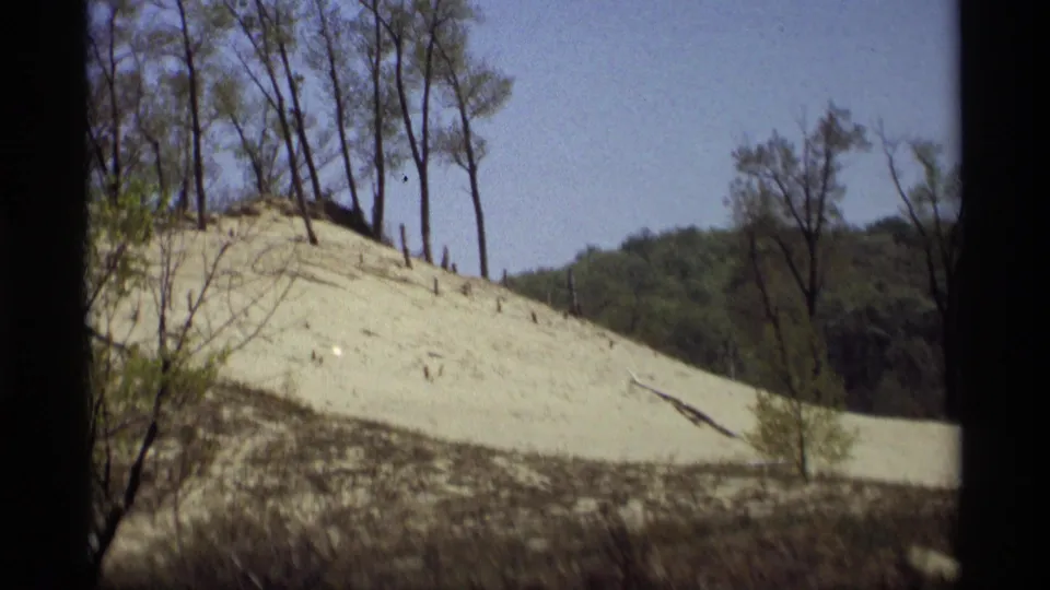1969 Holland, Michigan 8mm view of a sandy dune, bare-limbed trees, and a wooded background under clear sky.