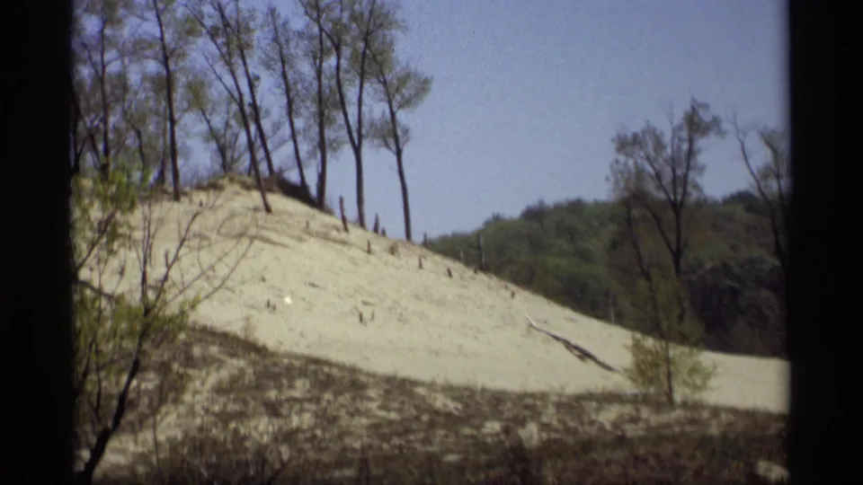 1969 Holland, Michigan 8mm frame showing a pale sandy dune with thin trees on the crest and low brush in the foreground.