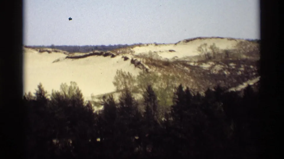 1969 Holland, Michigan dune landscape with pale sand, scrub growth, pine forest, and visible 8mm frame edges.