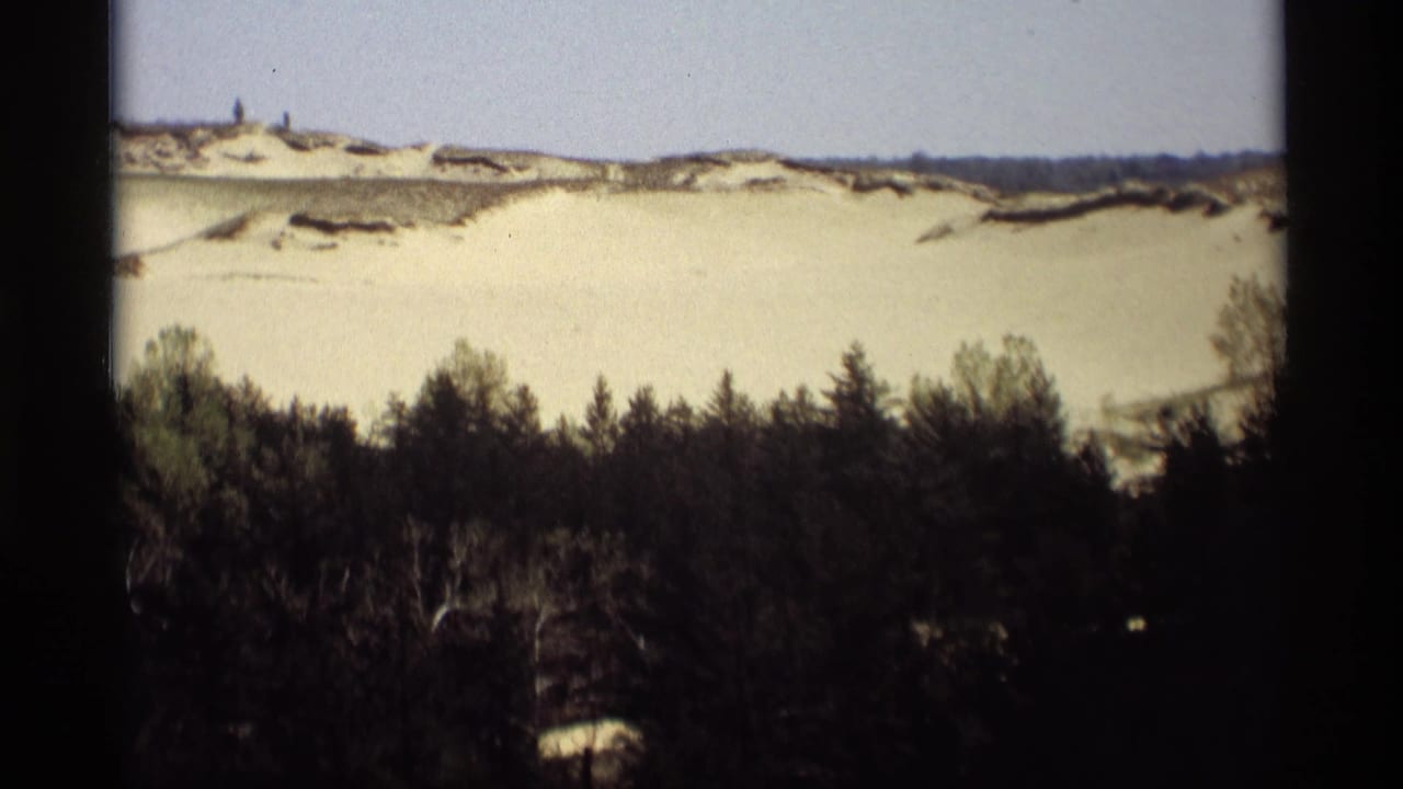 1969 8mm frame from Holland, Michigan showing snowy dunes rising behind a dense line of winter trees.