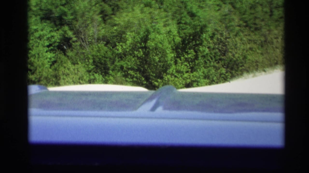 Passenger view from a 1969 Holland, Michigan car drive, with the blue car roof crossing the lower frame and trees behind sandy terrain.