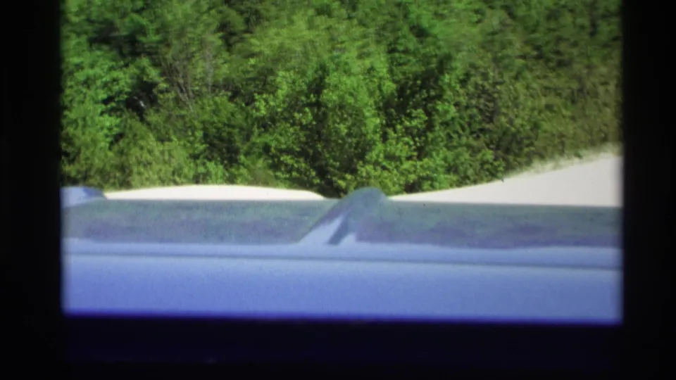 Passenger view from a 1969 Holland, Michigan car drive, with the blue car roof crossing the lower frame and trees behind sandy terrain.