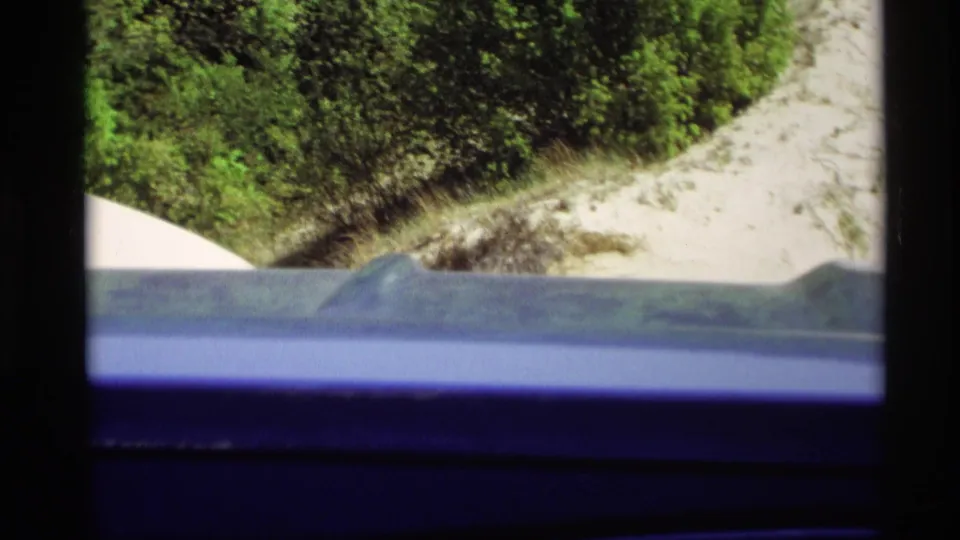 1969 Holland, Michigan travel frame with the blue car edge in front of sunlit sandy ground and dense roadside shrubs.