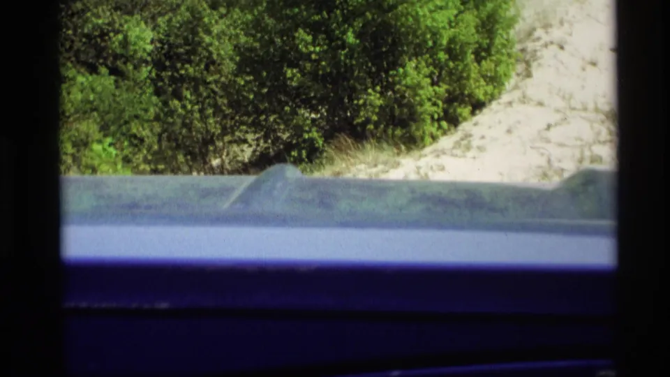 1969 Holland, Michigan 8mm frame showing a low passenger view over the car surface toward shrubs and a pale sandy roadside bank.
