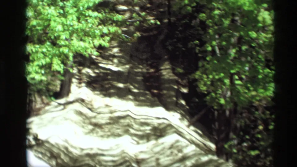1969 Holland, Michigan frame showing a shaded trail through dense greenery with pale layered sand or eroded rock formations.