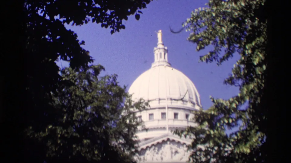 White capitol dome seen through trees against a clear blue sky in a brief 1969 home-movie cutaway.