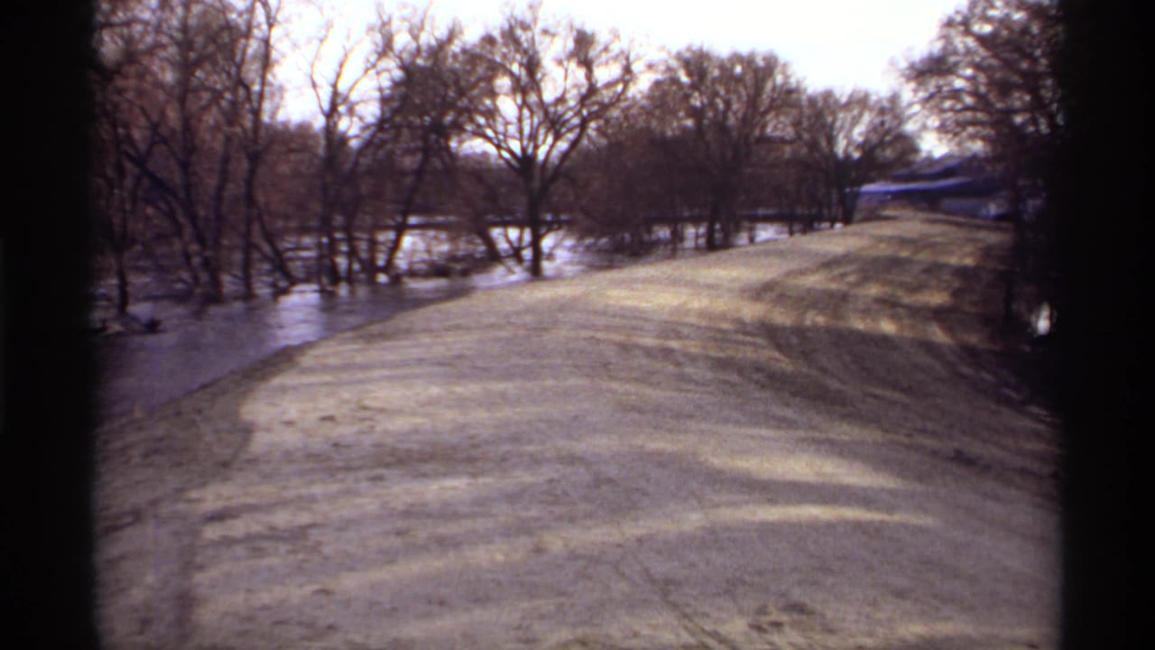 Raised road continues between floodwater and leafless trees.