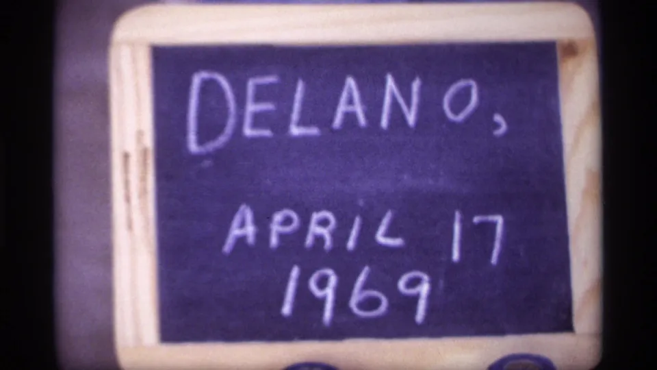 Another close frame of the handwritten Delano, April 17, 1969 board, slightly reframed within the 8mm scan.
