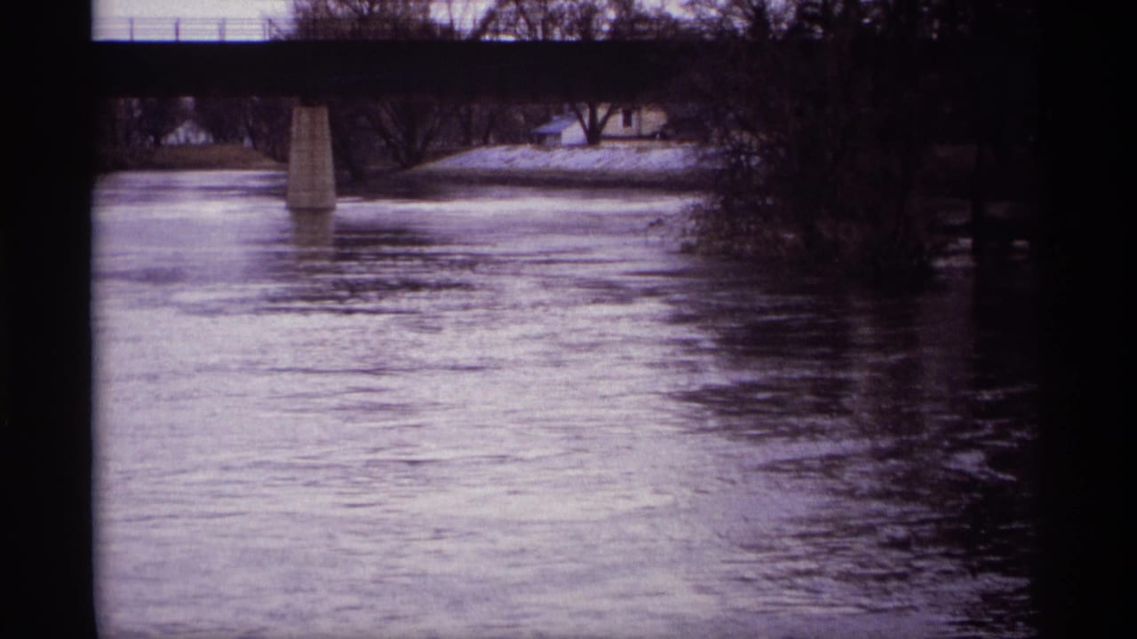 Floodwater runs beneath a bridge near bare trees and riverside buildings.