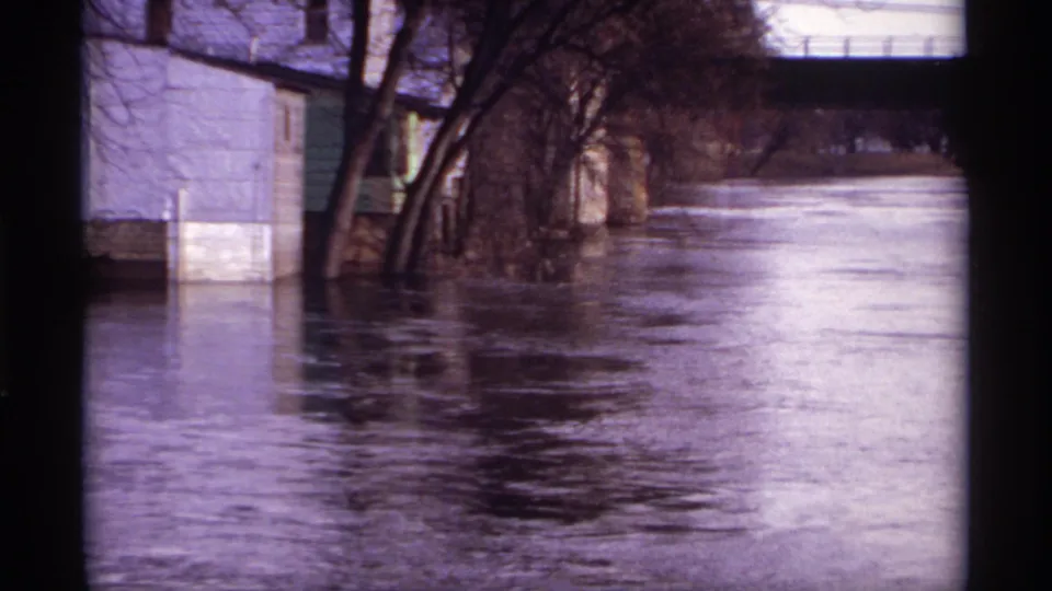 Floodwater in Rockford, Minnesota appears high against a house exterior and tree trunks in this 1969 8mm frame.