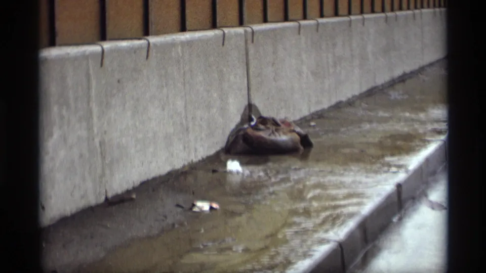 1969 Saint Paul 8mm view of damp pavement, a concrete wall, a sandbag, and bits of debris in shallow standing water.