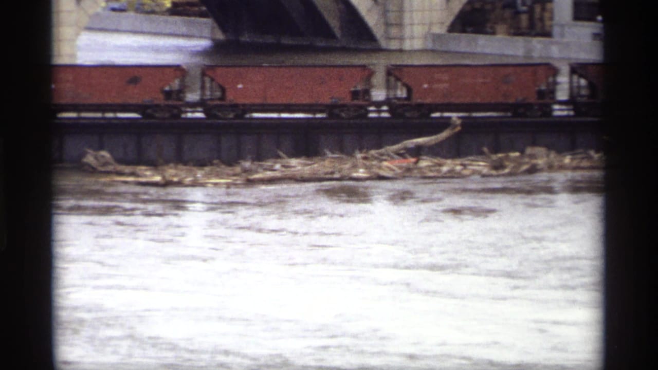 Red freight cars cross a bridge above a river with floating debris near the bank.