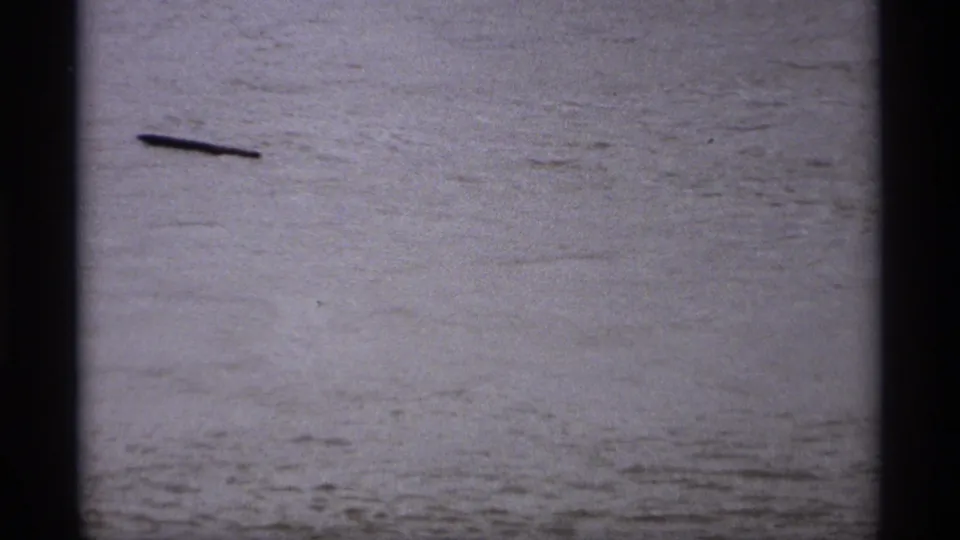 The 8mm frame shows a dark floating object near the edge of turbulent floodwater in Saint Paul, Minnesota.