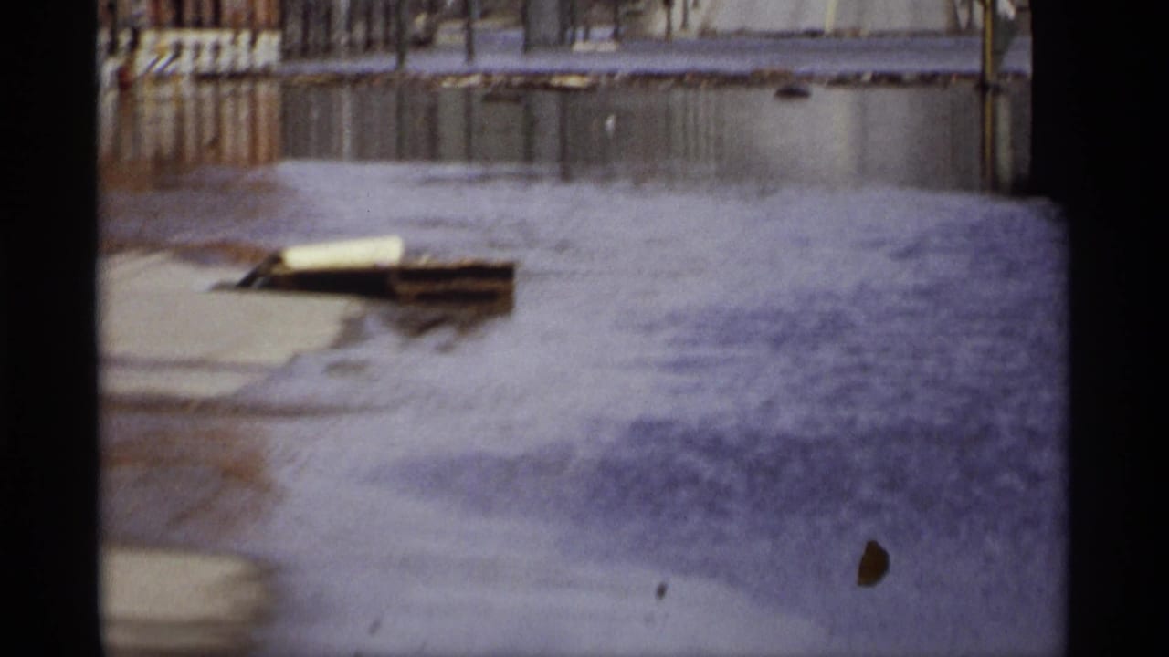 Floodwater covers a street beside a curb, with debris floating near the foreground.