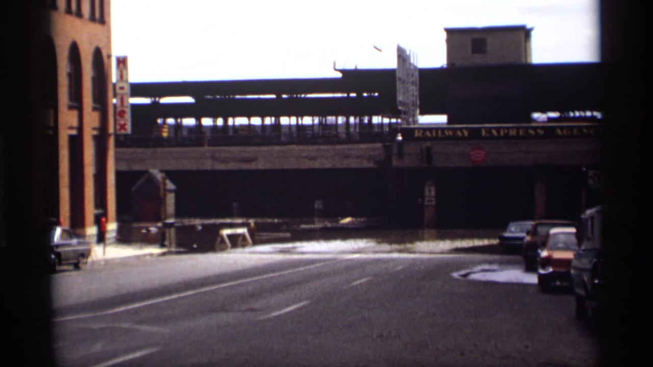 Street view toward an elevated railway bridge with cars parked along the curb.
