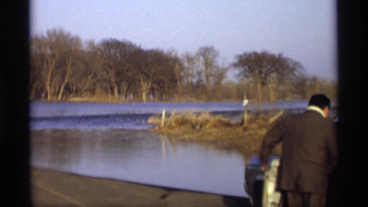Man in a dark suit stands by a car beside flooded water and bare trees.