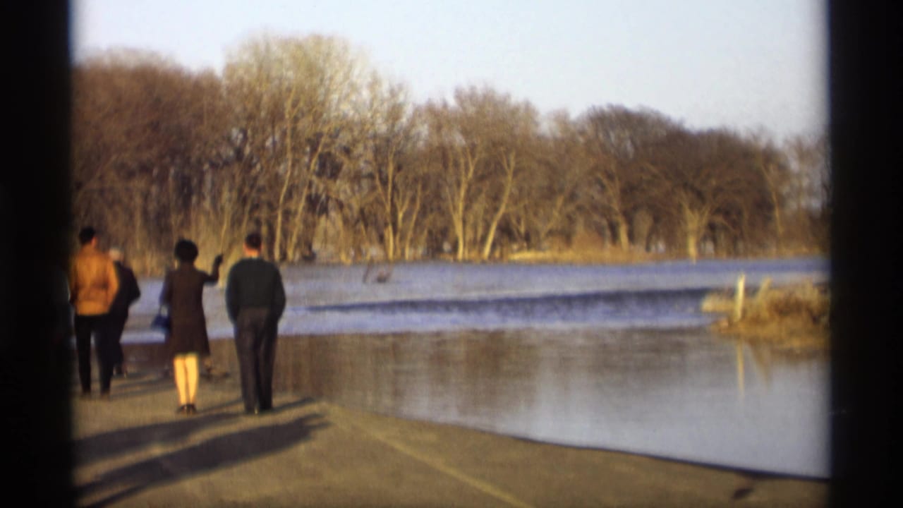 People in coats stand near the water and look across a flooded area.