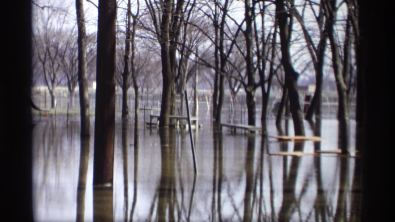 1969 Savage, Minnesota 8mm frame showing bare trees reflected in floodwater with partially submerged park tables beyond.