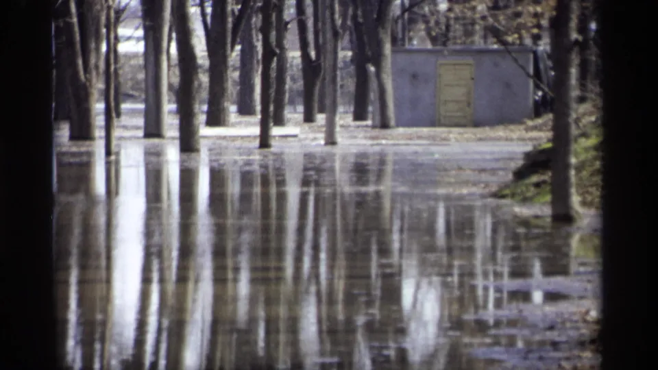1969 Savage, Minnesota 8mm frame showing floodwater among bare trees with a small outbuilding beyond the flooded ground.