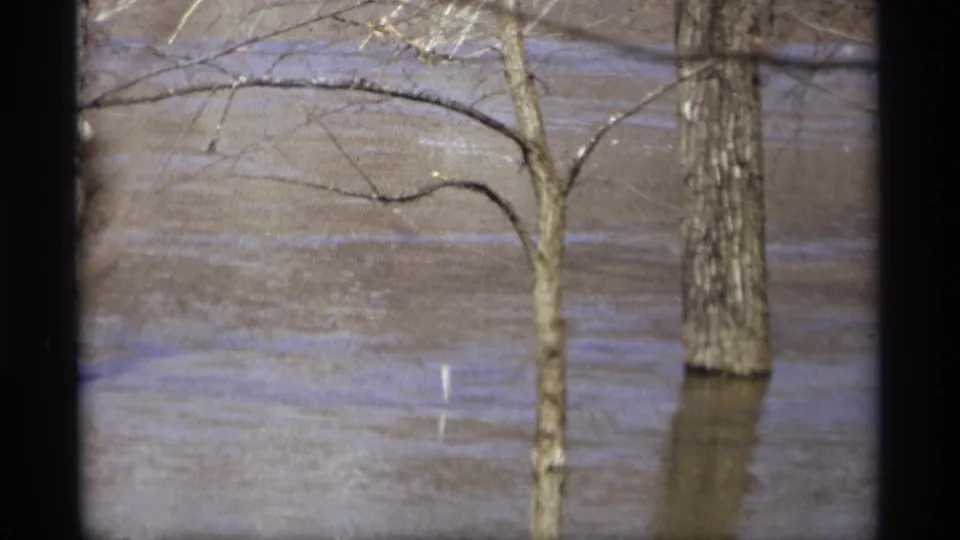 1969 8mm view from Savage, Minnesota, showing muddy floodwater around leafless roadside trees.