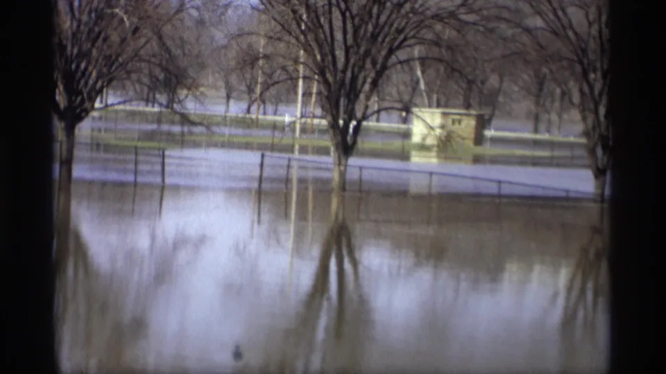 Savage, Minnesota 1969 flood scene with several bare trees standing in water, partially submerged fencing, and a small park building or structure nearby.