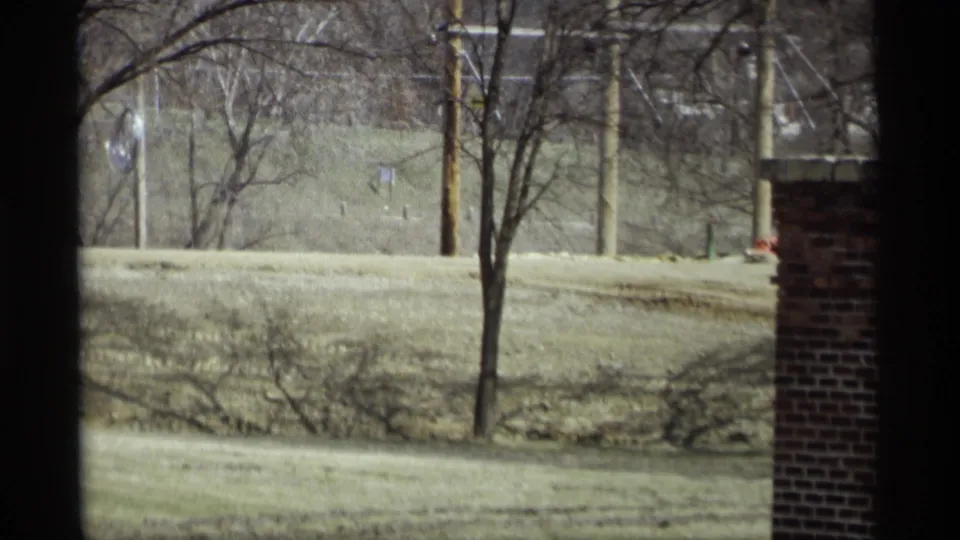 Savage, Minnesota yard view from 1969, framed by a dark window divider with bare trees, utility poles, open grass, and brickwork visible.