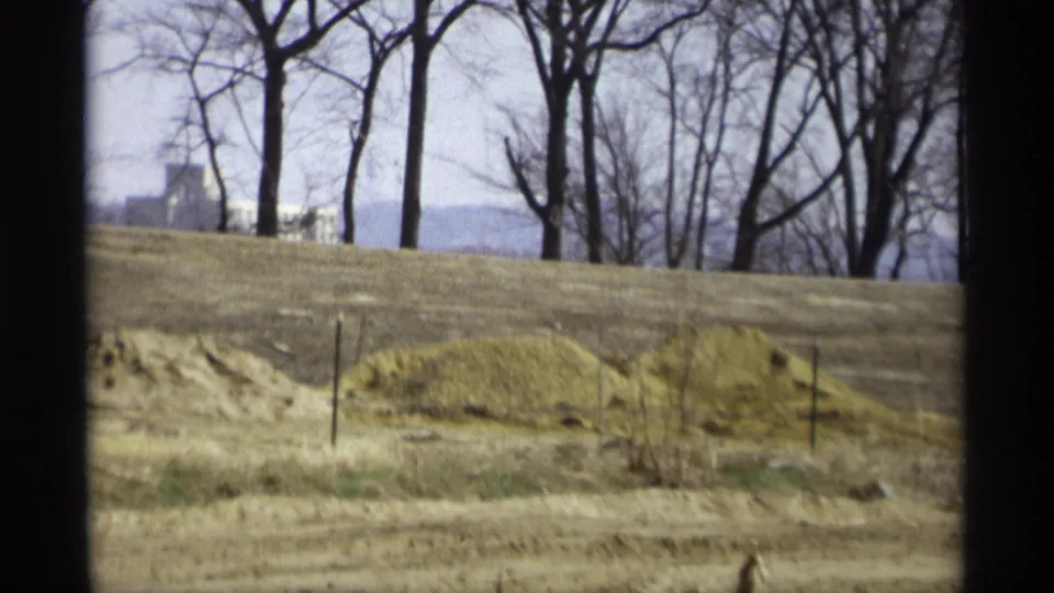 1969 rural-edge Savage, Minnesota view of a pale field, sandy soil, bare tree trunks, and a distant farm-like building silhouette.