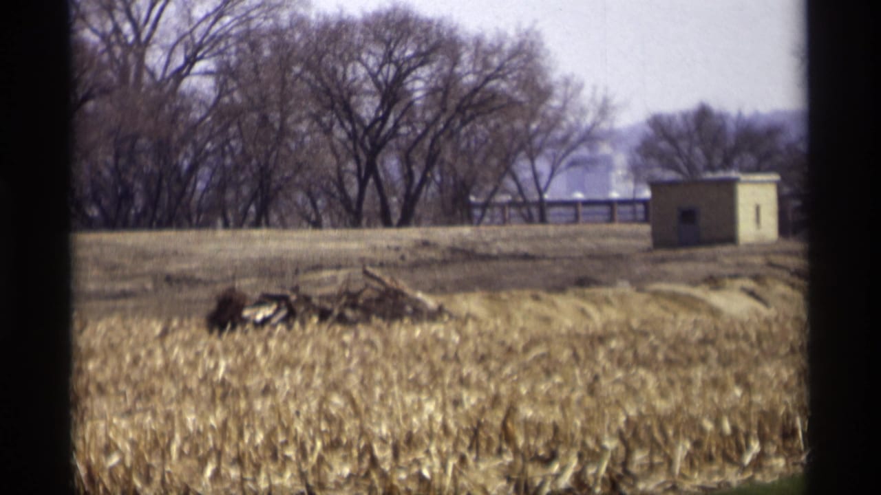 1969 Savage, Minnesota rural field with dry corn stalks, bare trees, and a small beige utility building under a pale sky.