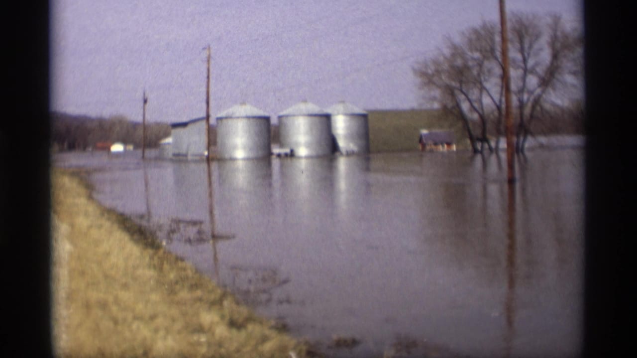 Flooded farmyard with grain silos, utility poles, bare trees, and a grass verge.