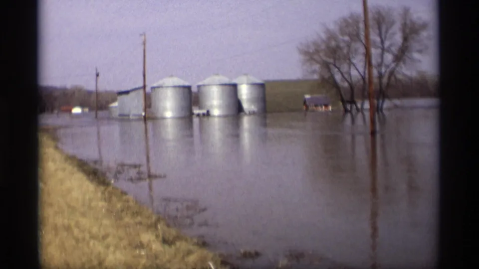 Savage, Minnesota flood scene with silos partly surrounded by water, bare trees, a utility pole, and a grassy edge in the foreground.