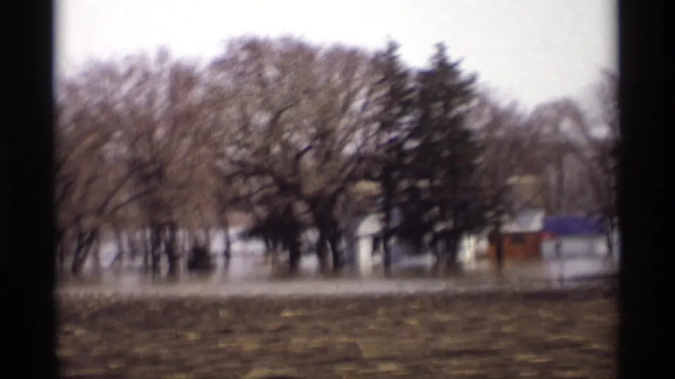 Passing view in Savage, Minnesota, with floodwater around trees and small buildings beyond an open field.