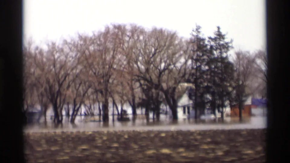 Rural Minnesota flood scene with small houses and leafless trees partly surrounded by standing water.