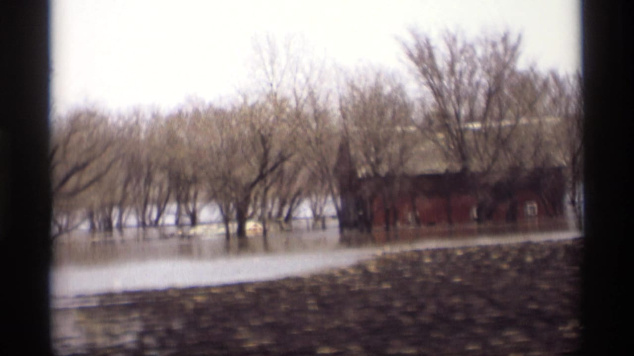 Floodwater surrounds leafless trees and a red farm building in a rural landscape.