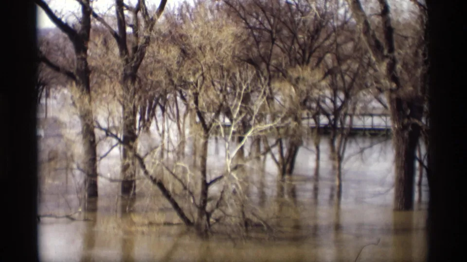 1969 Savage, Minnesota frame of a flooded wooded area, with bare trees reflected in muddy water and a low bridge or roadway visible beyond.