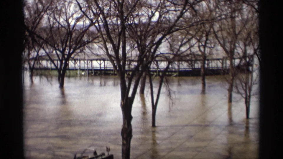 A flooded park-like area in Savage, Minnesota, with leafless trees in brown water and a bridge running behind them.