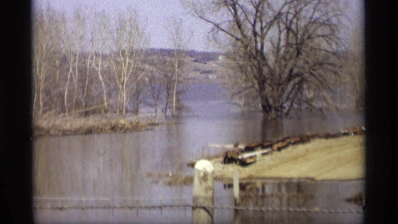 Flooded riverbank with leafless trees, fence posts, and a low structure near high water.