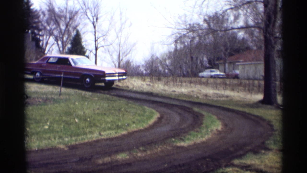 Maroon sedan begins a turn on a curving dirt driveway beside grass and bare trees.