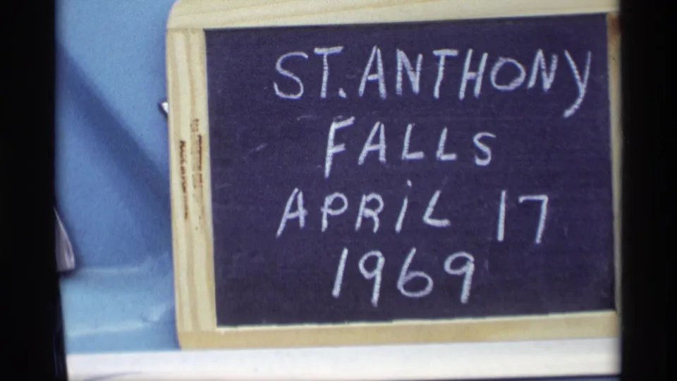 The dated slate remains in view, showing St. Anthony Falls and April 17, 1969 in chalk lettering.