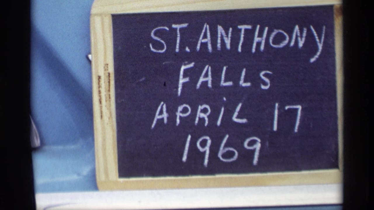 Handwritten chalkboard slate reading St. Anthony Falls, April 17, 1969.