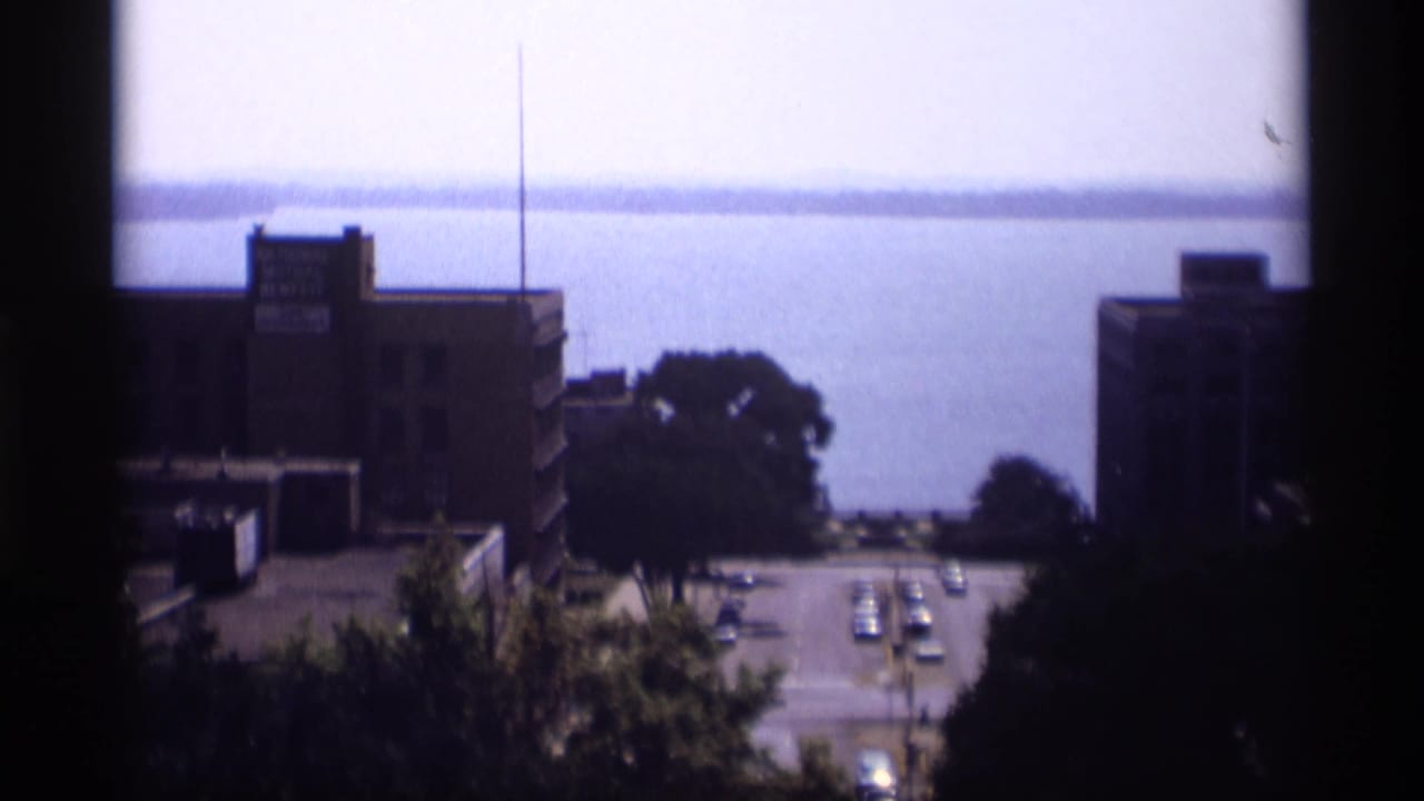 Elevated street view toward a large body of water, with brick buildings, trees, and small cars.