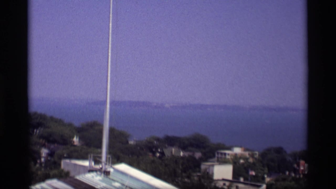 Tall flagpole and rooftops in front of a hazy blue waterfront.