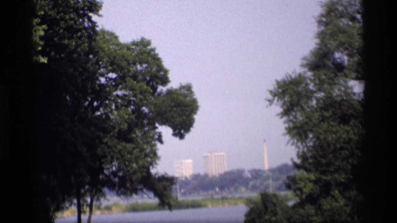 Tree-framed lake view with distant buildings and a pale monument partly obscured by foliage.