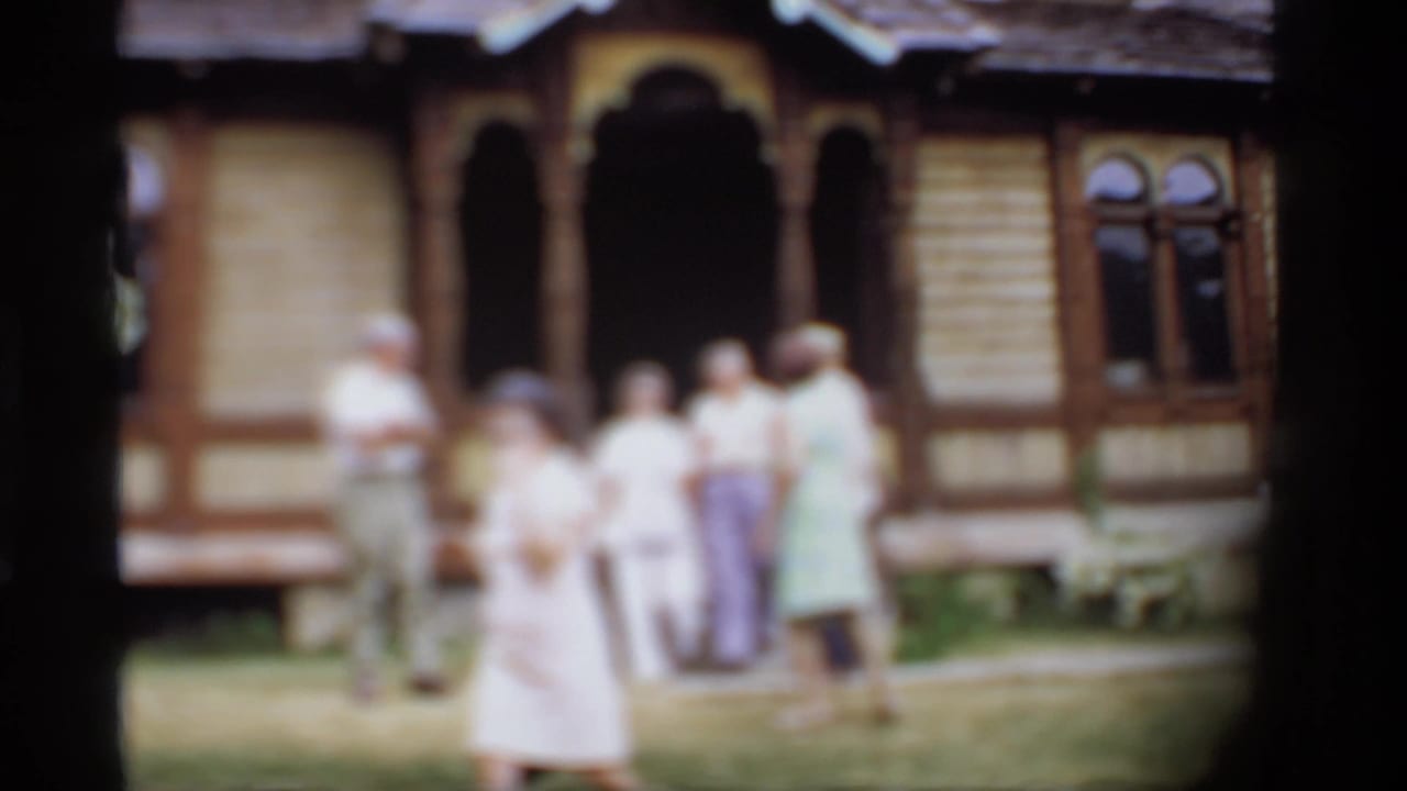 Soft-focus tourists standing on a lawn in front of an ornate wooden building.